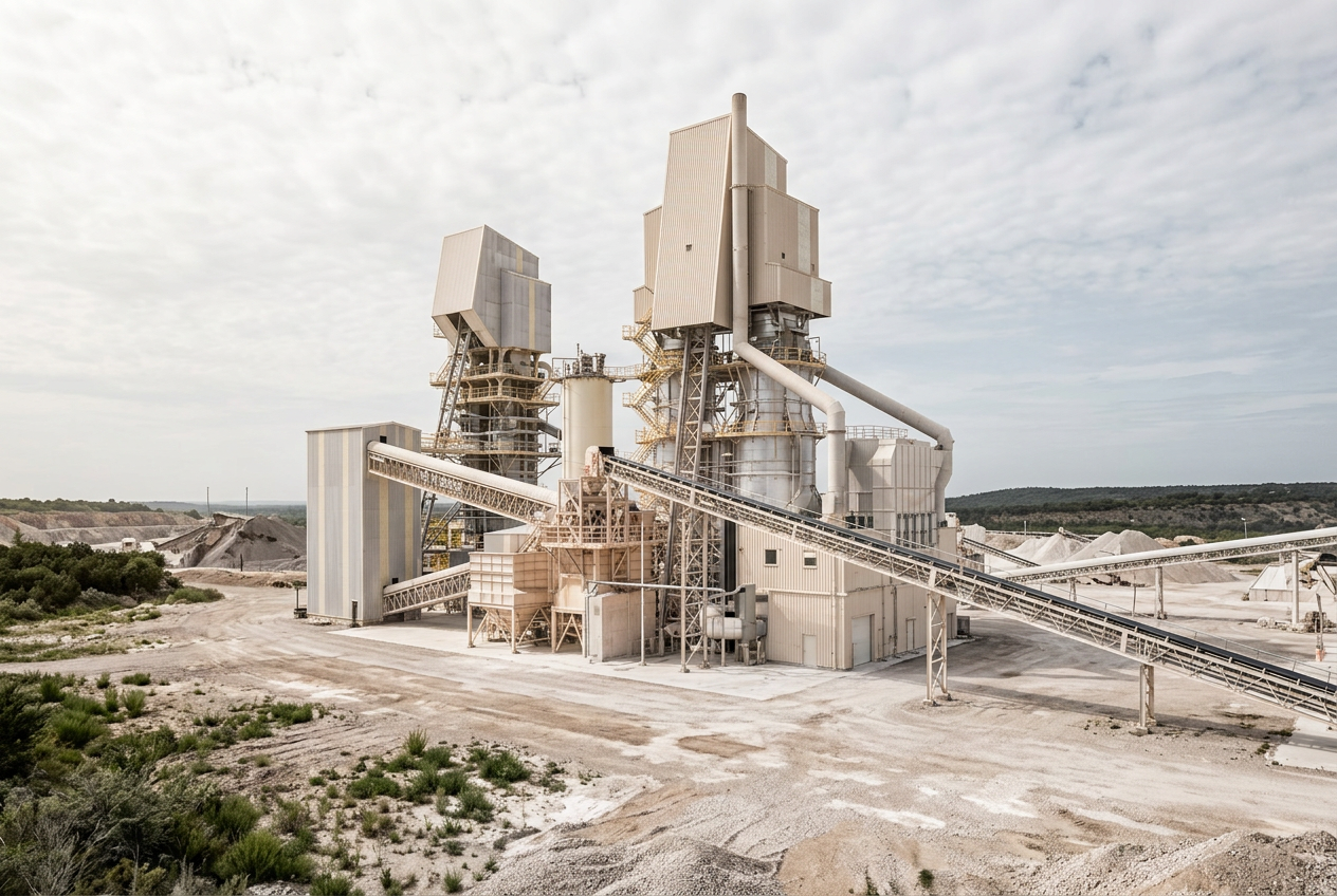Edited illustration of a twin-shaft lime kiln facility in a quarry